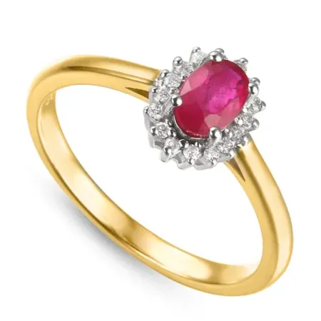 Złoty Pierścionek Rubin Diamenty Żółto Białe Złoto