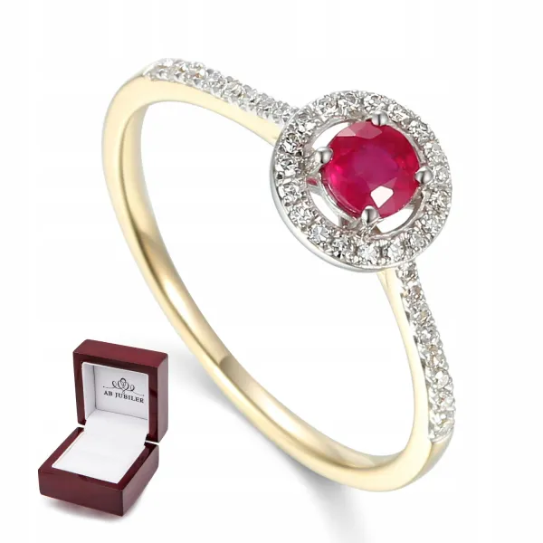 ZŁOTY PIERŚCIONEK RUBIN I DIAMENTY PRÓBA 585