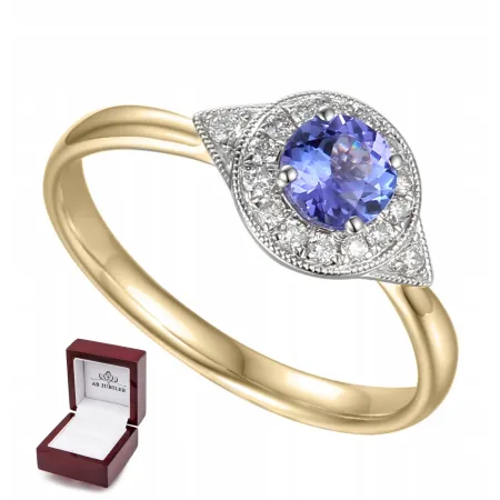ZŁOTY 585 PIERŚCIONEK TANZANIT DIAMENTY GRAWER