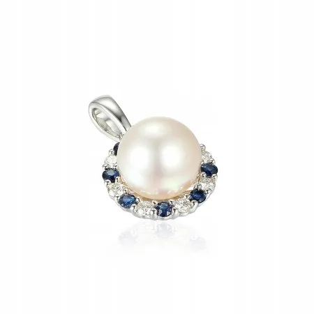 ZAWIESZKA PERŁA SZAFIR DIAMENT 585 BIAŁE ZŁOTO