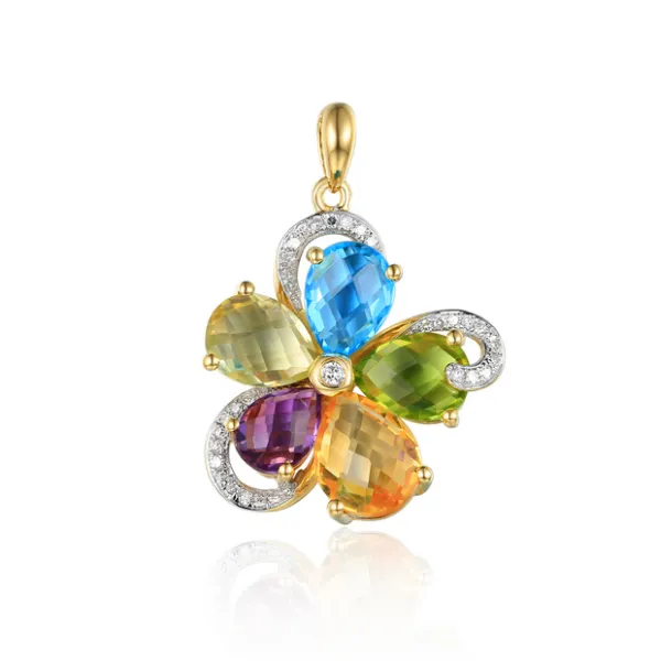 Złota Zawieszka Kwiatek Kolorowe Kamienie Brylanty