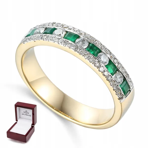 ZŁOTY 585 PIERŚCIONEK ZE SZMARAGDAMI I DIAMENTAMI