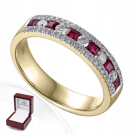 ZŁOTY 585 PIERŚCIONEK RUBINY DIAMENTY GRAWER