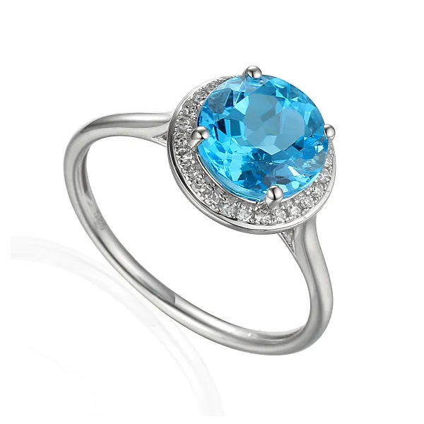 PIERŚCIONEK 585 DUŻY TOPAZ DIAMENTY BIAŁE ZŁOTO