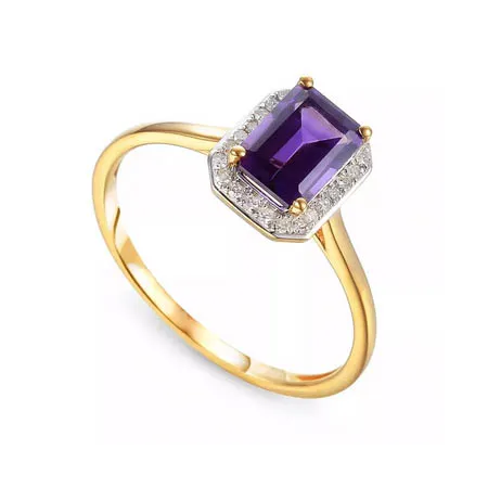ZŁOTY 14K PIERŚCIONEK AMETYST DIAMENTY GRAWER