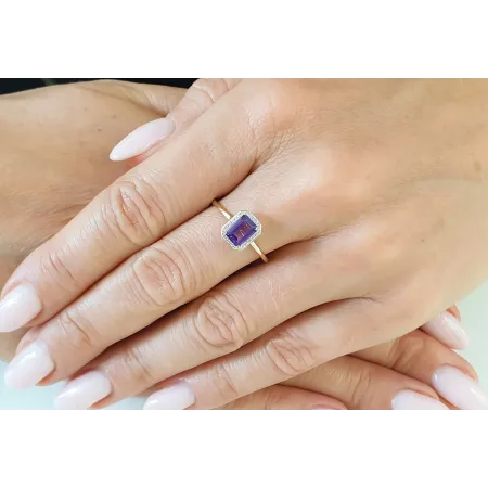 ZŁOTY 14K PIERŚCIONEK AMETYST DIAMENTY GRAWER