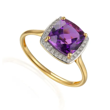 ZŁOTY 585 PIERŚCIONEK DUŻY KAMIEŃ AMETYST DIAMENTY