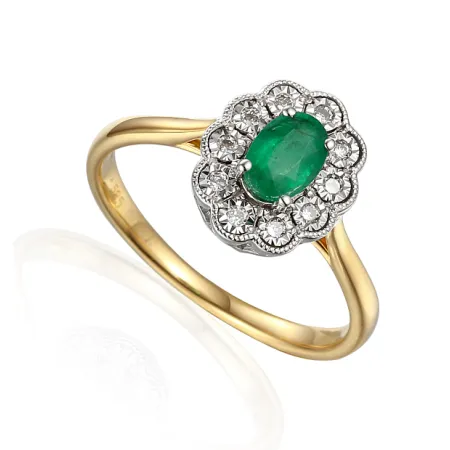 ZŁOTY ELEGANCKI 585 PIERŚCIONEK SZMARAGD DIAMENTY