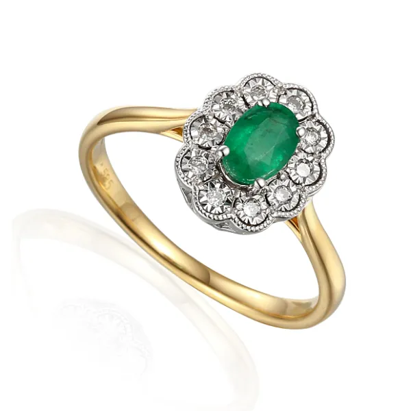 ZŁOTY ELEGANCKI 585 PIERŚCIONEK SZMARAGD DIAMENTY