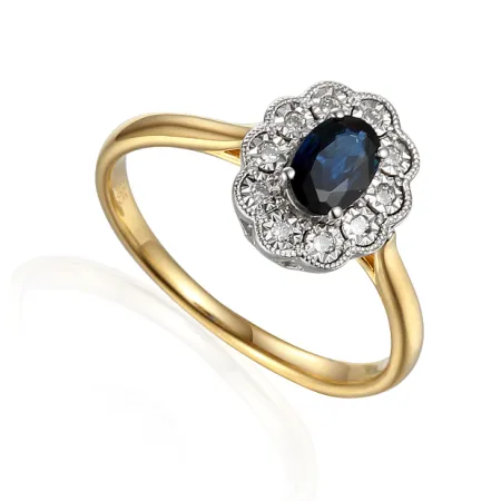 ZŁOTY 585 PIERŚCIONEK SZAFIR I DIAMENTY NA PREZENT