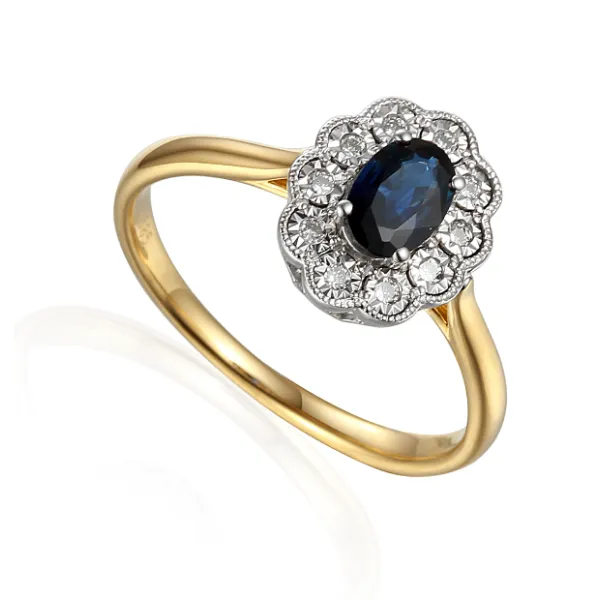 ZŁOTY 585 PIERŚCIONEK SZAFIR I DIAMENTY NA PREZENT