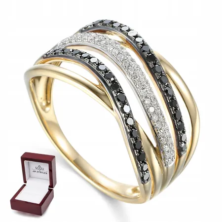 ELEGANCKI ZŁOTY 585 PIERŚCIONEK CZARNE DIAMENY