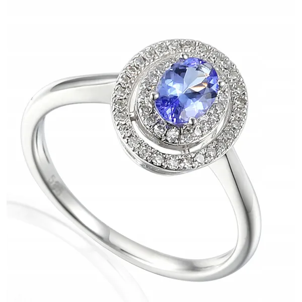 ZŁOTY PIERŚCIONEK 585 TANZANIT I DIAMENTY PREZENT