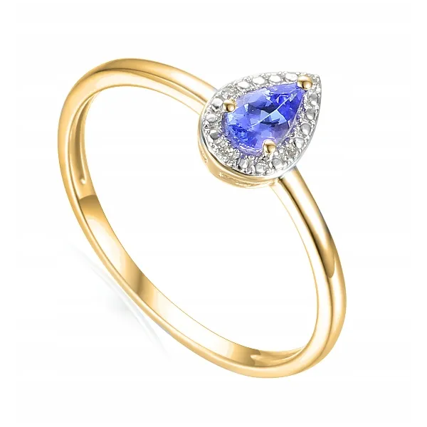 ZŁOTY 585 PIERŚCIONEK ŁEZKA TANZANIT I DIAMENTY