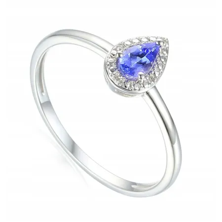 ZŁOTY 585 PIERŚCIONEK ŁEZKA TANZANIT I DIAMENTY