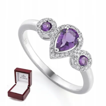 PIERŚCIONEK 585 BIAŁE ZŁOTO AMETYST DIAMENT