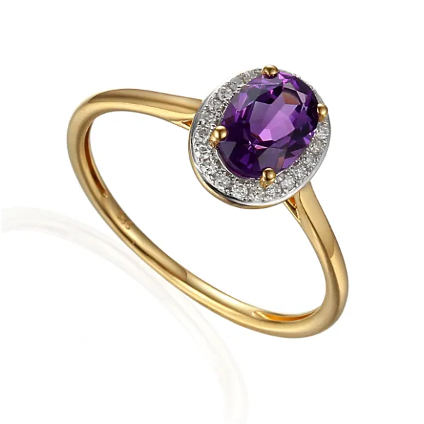 ZŁOTY ELEGANCKI 585 PIERŚCIONEK AMETYST I DIAMENTY