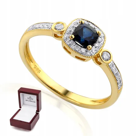 ZŁOTY 585 PIERŚCIONEK SZAFIR DIAMENTY GRAWER