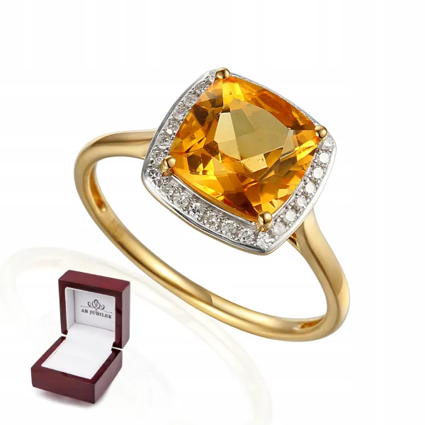 ZŁOTY PIERŚCIONEK DUŻY KAMIEŃ CYTRYN I DIAMENTY
