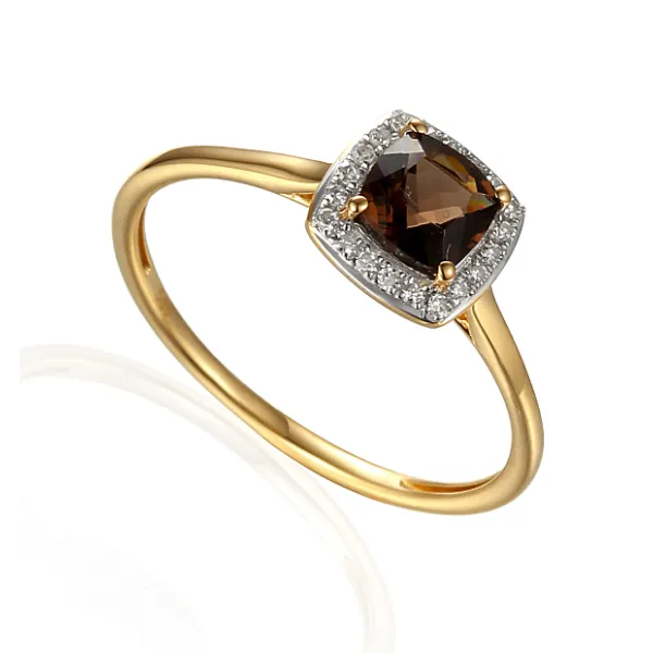 ZŁOTY 585 PIERŚCIONEK Z KWARCEM I DIAMENTAMI