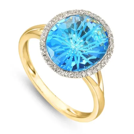 ZŁOTY PIERŚCIONEK TOPAZ DIAMENTY PRÓBA 585 GRAWER