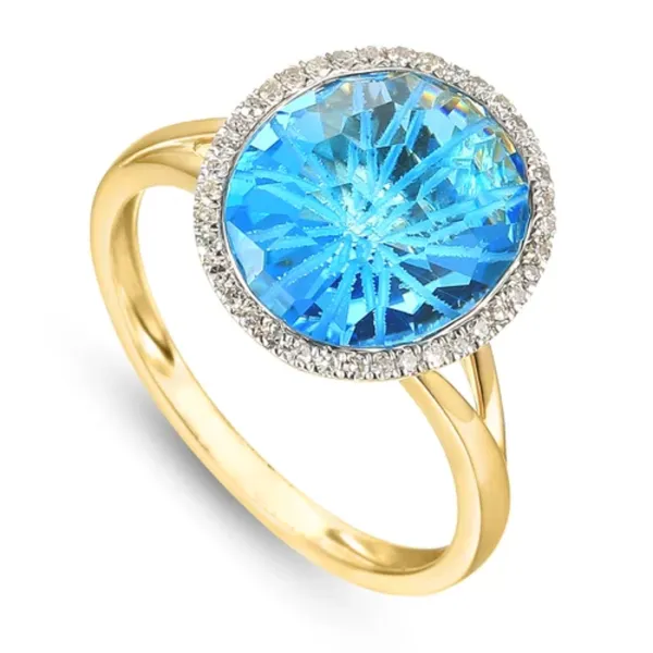 ZŁOTY PIERŚCIONEK TOPAZ DIAMENTY PRÓBA 585 GRAWER