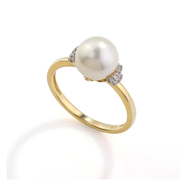 Złoty 585 Pierścionek Perła Diamenty Prezent