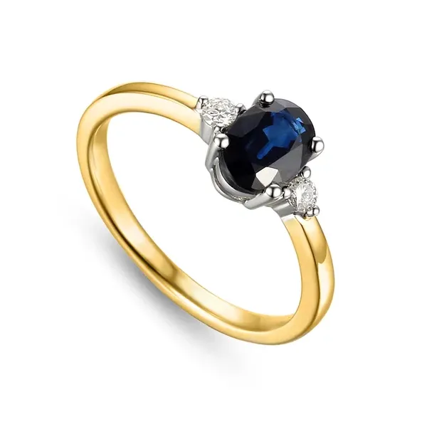 Pierścionek 585 Szafir Diamenty Żółto Białe Złoto