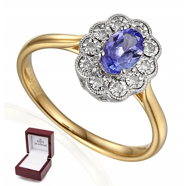 ZŁOTY PIERŚCIONEK 585 TANZANIT DIAMENTY GRAWER