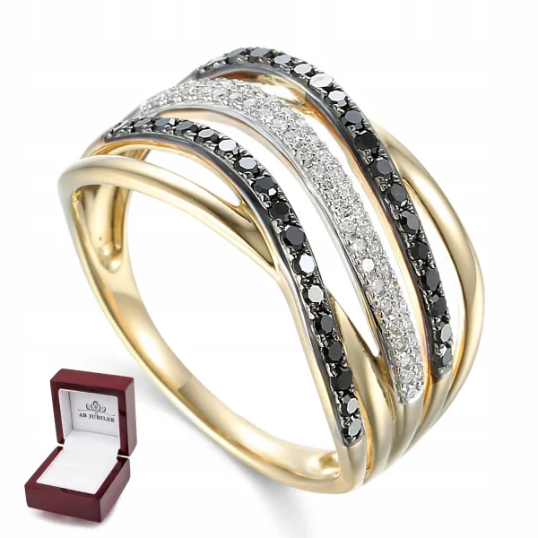 ELEGANCKI ZŁOTY 585 PIERŚCIONEK CZARNE DIAMENY