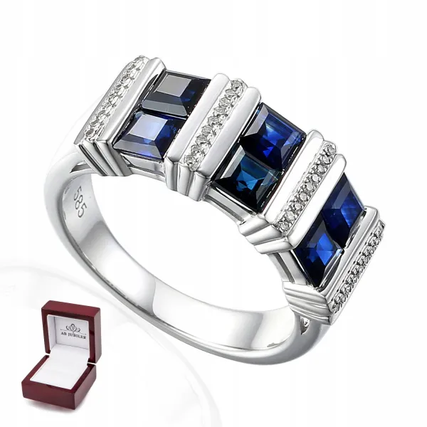 PIERŚCIONEK 585 SZAFIR DIAMENTY BIAŁE ZŁOTO GRAWER