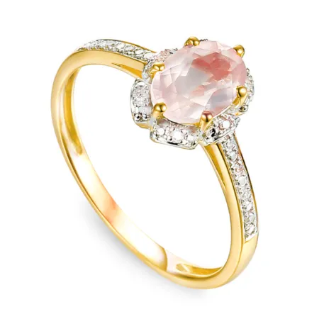 Złoty 585 Pierścionek Kwarc Różowy Diamenty Grawer