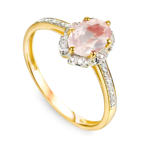 Złoty 585 Pierścionek Kwarc Różowy Diamenty Grawer
