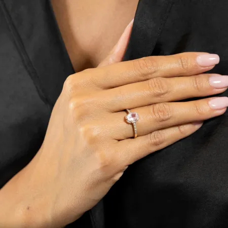 Złoty 585 Pierścionek Kwarc Różowy Diamenty Grawer