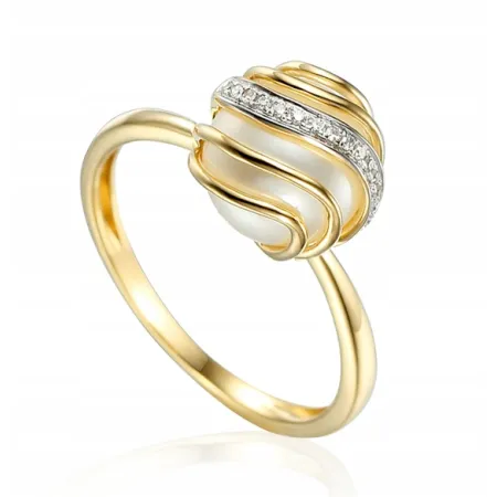 Złoty 585 Pierścionek Perła i Diamenty Elegancki 