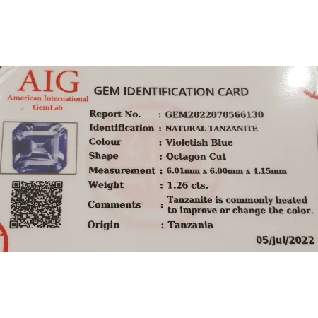 Naturalny Tanzanit 1,26ct + Certyfikat