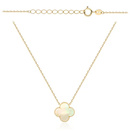 Złoty Naszyjnik 585 Duża Koniczynka Masa Perłowa