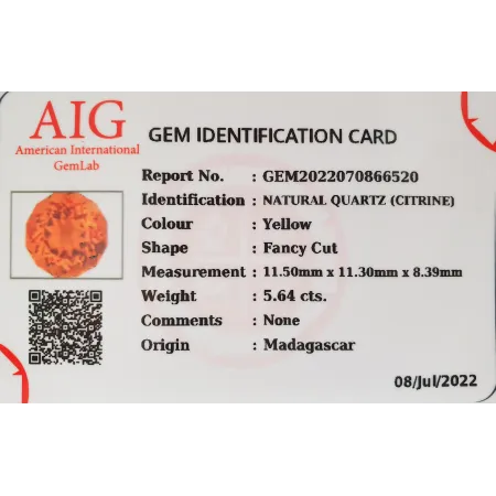 Cytryn Naturalny 5,64ct + Certyfikat