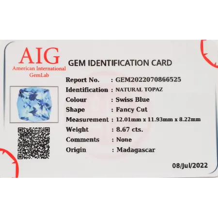 Topaz Naturalny 8,67 ct + Certyfikat