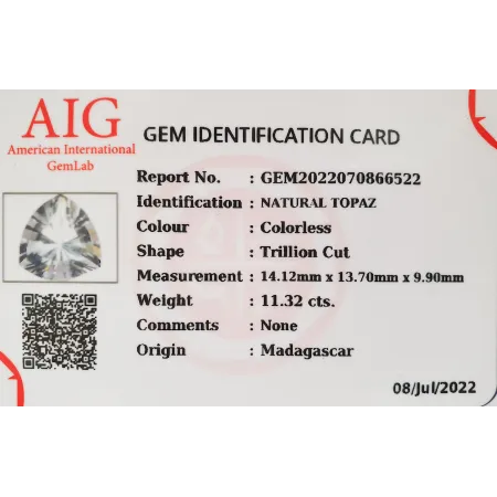 Naturalny Biały Topaz 11,32 ct + Certyfikat