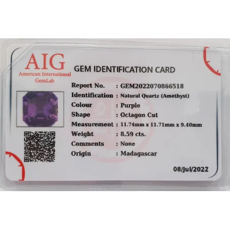 Naturalny Ametyst 8,59 ct + Certyfikat
