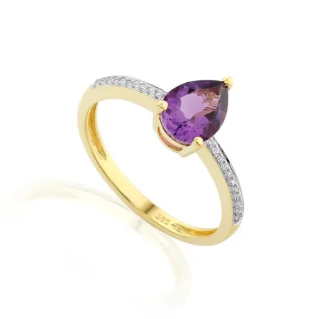 ZŁOTY 585 PIERŚCIONEK AMETYST DIAMENTY GRAWER