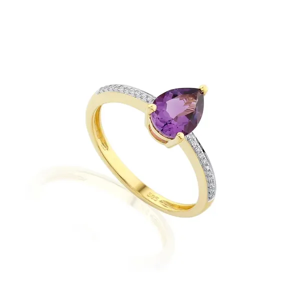 ZŁOTY 585 PIERŚCIONEK AMETYST DIAMENTY GRAWER