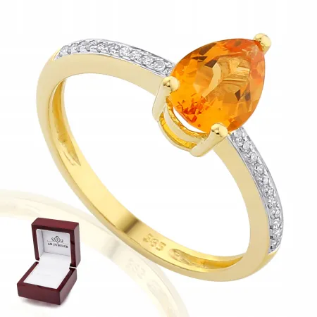 ZŁOTY 585 PIERŚCIONEK CYTRYN DIAMENTY PREZENT