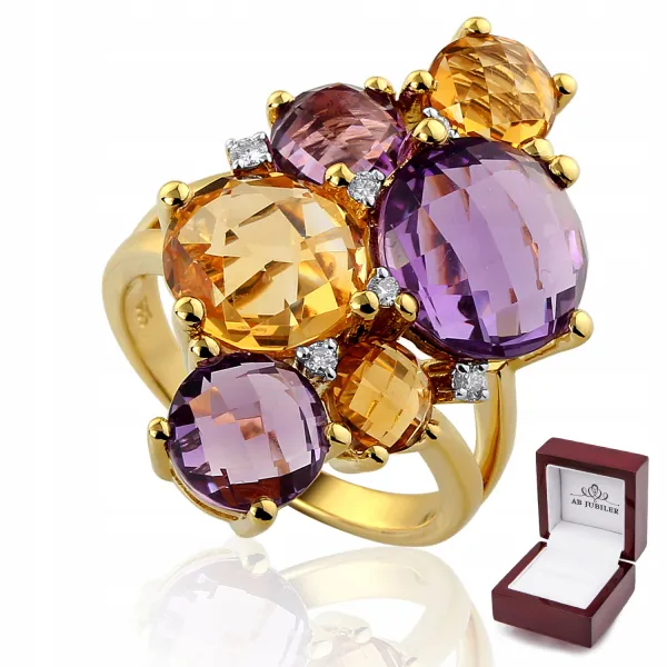 ZŁOTY PIERŚCIONEK 585 CYTRYNY AMETYSTY DIAMENTY