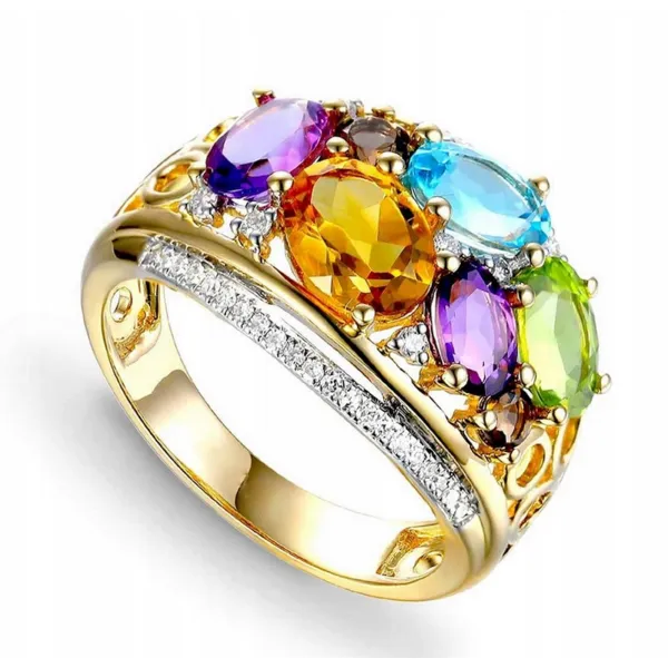 Złoty 585 Pierścionek Ametyst Topaz Cytryn Brylant