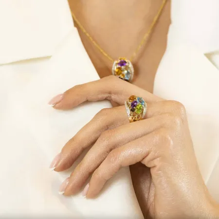 Złoty 585 Pierścionek Ametyst Topaz Cytryn Brylant