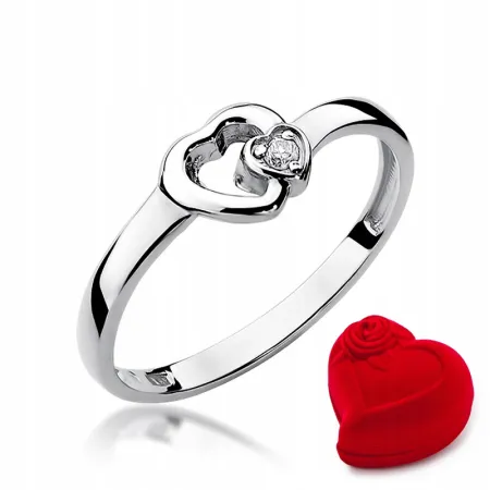 Pierścionek w Białym Złocie 585 Dwa Serca Brylant 