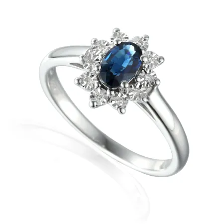 PIERŚCIONEK 585 BIAŁE ZŁOTO SZAFIR DIAMENTY GRAWER