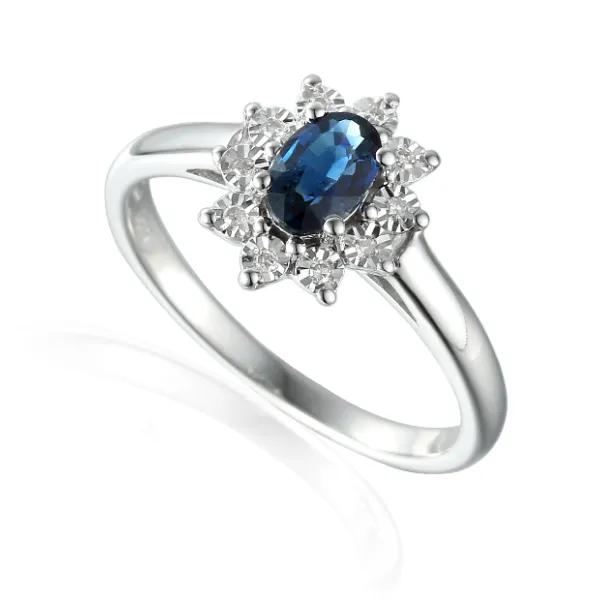 PIERŚCIONEK 585 BIAŁE ZŁOTO SZAFIR DIAMENTY GRAWER